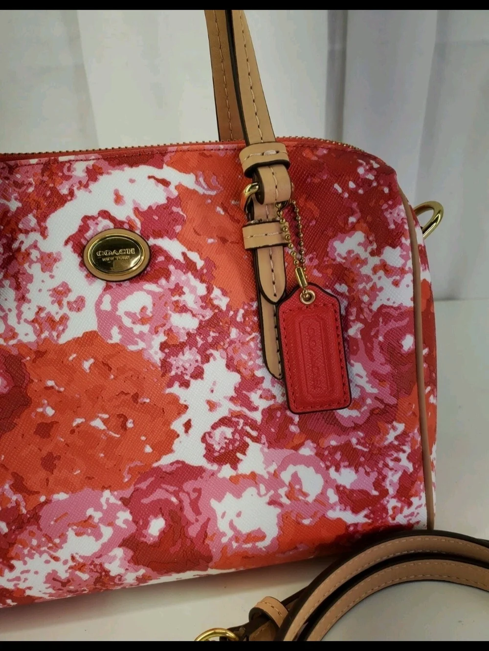 Coach Mini Benton Peyton Satchel/Crossbody in Orange,Red & Pink, Vaccheta Trim